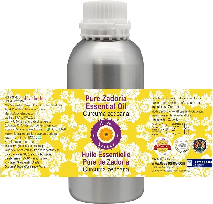 Deve Herbes Pure Zadoria Essential Oil (Curcuma zedoaria) Steam Distilled 630ml (21 oz)
