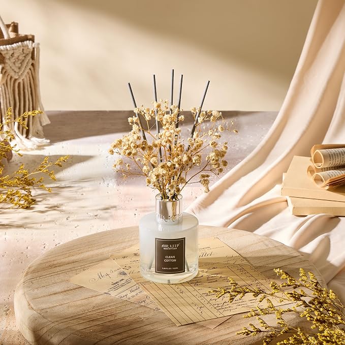 Airkeep Reed Diffuser Set,3.38 fl oz (100 ml) - Clean Cotton Oil Diffusers with 8 Reed Sticks, Home Fragrance Reed Diffuser for Bathroom Shelf Decor