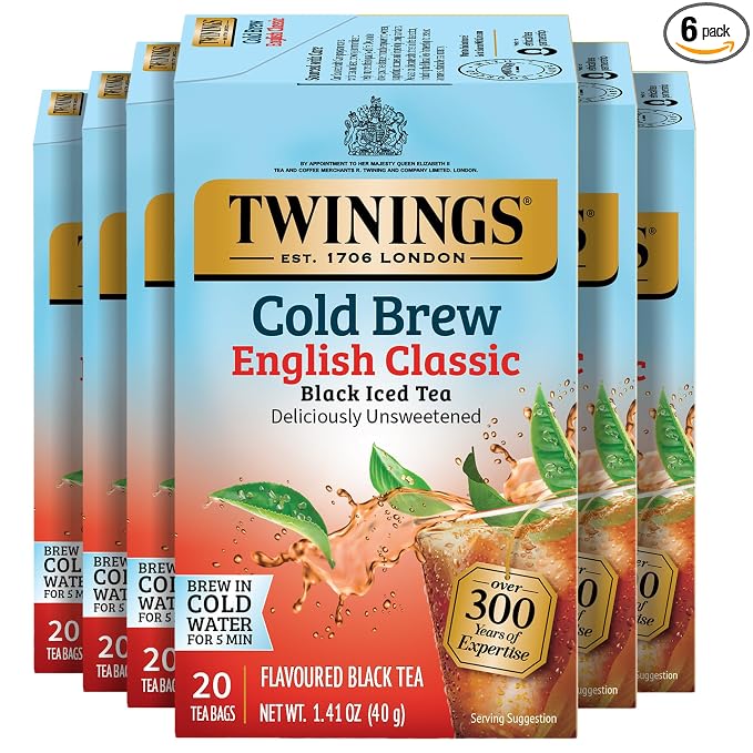 Twinings English Classic Cold Brew Iced Tea Bags, 20 Count (Pack of 6), Unsweetened Black Tea, Caffeinated, 120 Teabags
