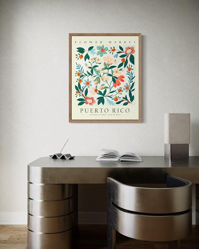 Puerto Rico Flower Market Art Print Poster, Wall Art Floral Painting Botanical Decor for Bedroom, Kitchen, Bathroom Livingroom Decoration 82B (Puerto Rico, 20"L x 16"W, Wood Frame)