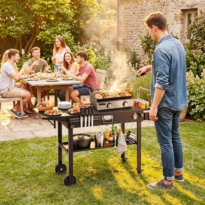 Happygrill Outdoor Grill Cart w/31” x 17” Tabletop for Blackstone Griddle | Foldable Grill Table w/Side Tray, Magnetic Tool Rack, Bottle Opener, Oil Mat, Hooks, BBQ Pizza Oven Table for Camping