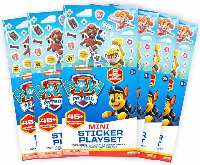 Paw Patrol Mini Sticker Playset - 6-Pack, 45 Reusable Puffy Stickers, Double-Sided Play Scenes, Repositionable Stickers, Travel Toy for Kids & Toddlers, Toddler Activities