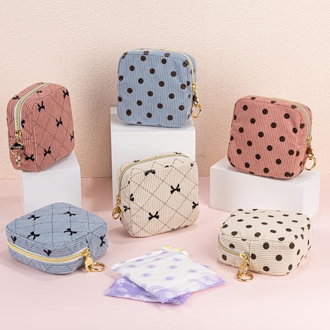 Period Bag for Teen Girls, Corduroy Cute Sanitary Napkin Storage Bag, Menstrual Pad PouchesTampon Holder for Purse (Pink-Polka Dot)