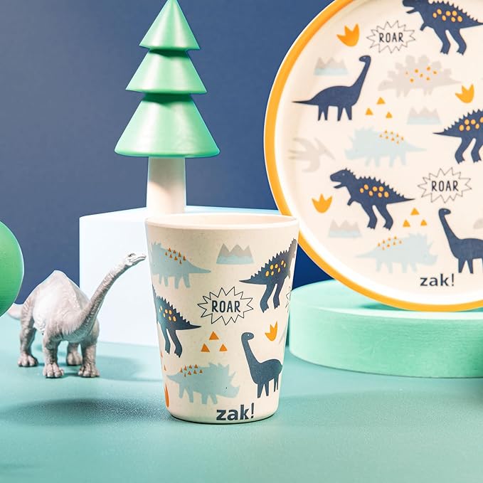 Zak Designs Kids Dinnerware Set 3 Pieces, Durable and Sustainable Melamine Bamboo Plate, Bowl, and Tumbler are Perfect For Dinner Time With Family (Zaksaurus)