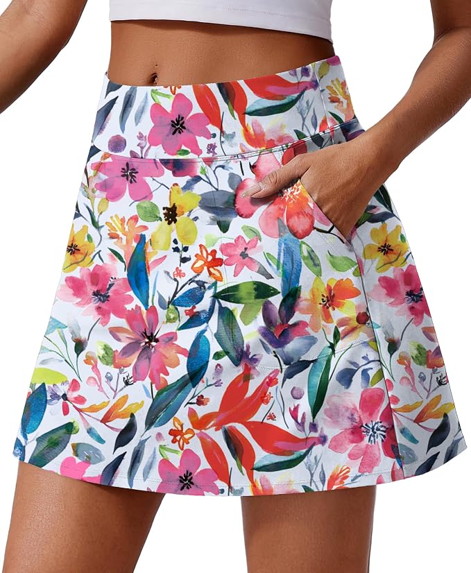 PINSPARK 17" Golf Skorts for Woman High Waisted Tennis Skirt with 4 Pockets | Lightweight, Quick Dry, 4-Way Strecth, Breathable, Tummy Control, UPF 50+ Athletic Skort for Workout, Pickleball, Gym, Casual