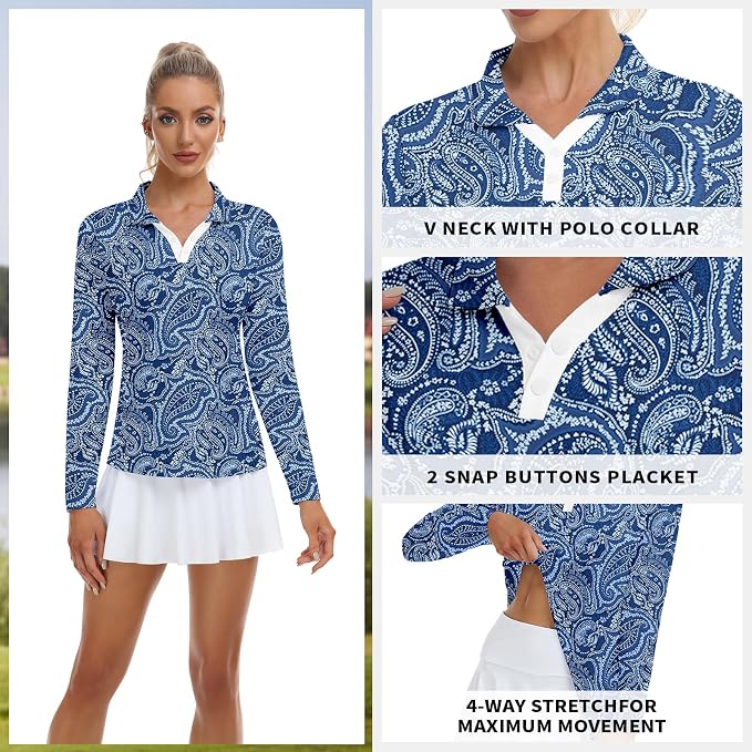 Soneven Womens Golf Shirts Moisture Wicking V Neck Long Sleeve Polo Shirts Collared Tops
