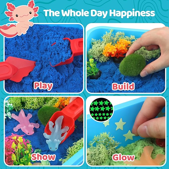 Kaelinda Axolotl Sensory Bin for Kids - Axolotl Toys Sand Sensory Bin with Lid, Art and Craft Axolotl Gifts Sensory Bin Sand for Kids Boys Girls 3-4 5-8 8-12 Birthday Christmas Gifts