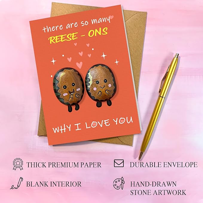 Handmade Pebble Art Reese’s Card – Gift for Reese’s Lovers, Men & Women – Reeses Gift Idea, Accessories & Decor – Reese's Gifts for Boyfriend, Girlfriend, Couples (Reese-On)