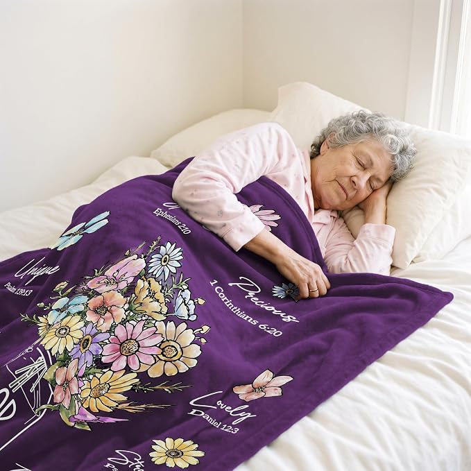 Christian Birthday Gifts for Women, Christmas Religious Gifts for Women | Baptism Religious Christmas Spiritual Gifts for Grandma Nana Mom Sister, Throw Blankets with Flowers, 60''x 50'', Deep Purple