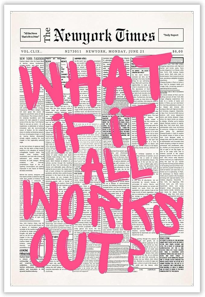 Drimiler Retro Newspaper Pink Font Poster What If It All Works Out Canvas Wall Art Positive Affirming Quote Minimalist Prints Painting For Home Bedroom Dorm Wall Decor 16x24in Unframed