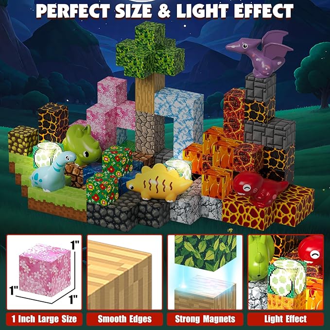 Magnetic Blocks Building Toys, 1" Light Up Dinosaur Building Blocks Magnet Cubes Tiles for Toddlers Boys Girls 3+, Build Jurrasic Scenes STEM Sensory Construction Toys