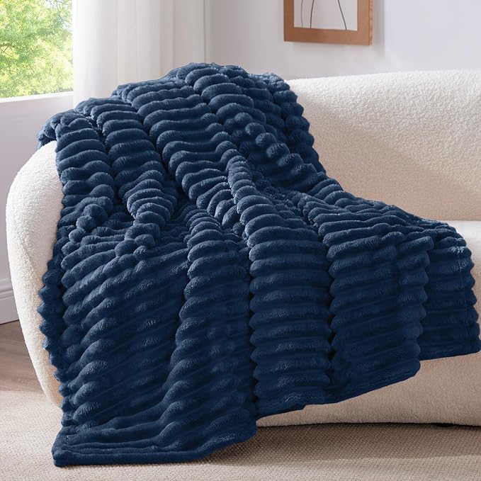 BEDELITE Striped Fleece Throw Blanket, Navy, 50"x60" | 300GSM Microfiber Fleece, Soft Cozy, Lightweight Warm, Machine Washable, Room Decor, Gifts for Men Boys Dad, for Couch Sofa