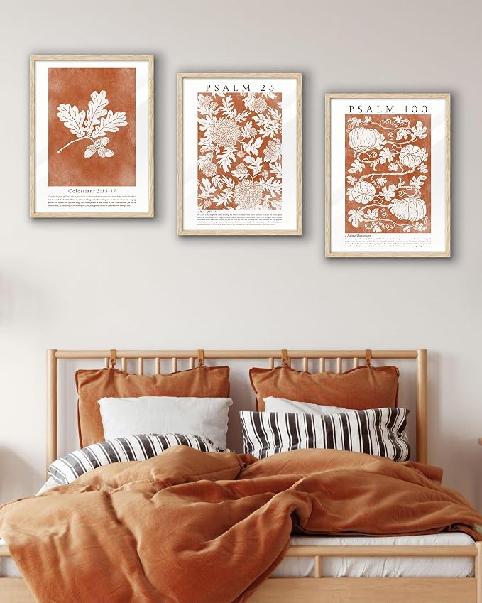 EcoHest 12x16 in Psalm 23 Orange Floral Botanical Framed Christian Wall Art | Natural Oak Wood Frame with Canvas Wall Art, Scripture Bible Verse Decor for Bedroom, Living Room, Office, Church, 1Pack