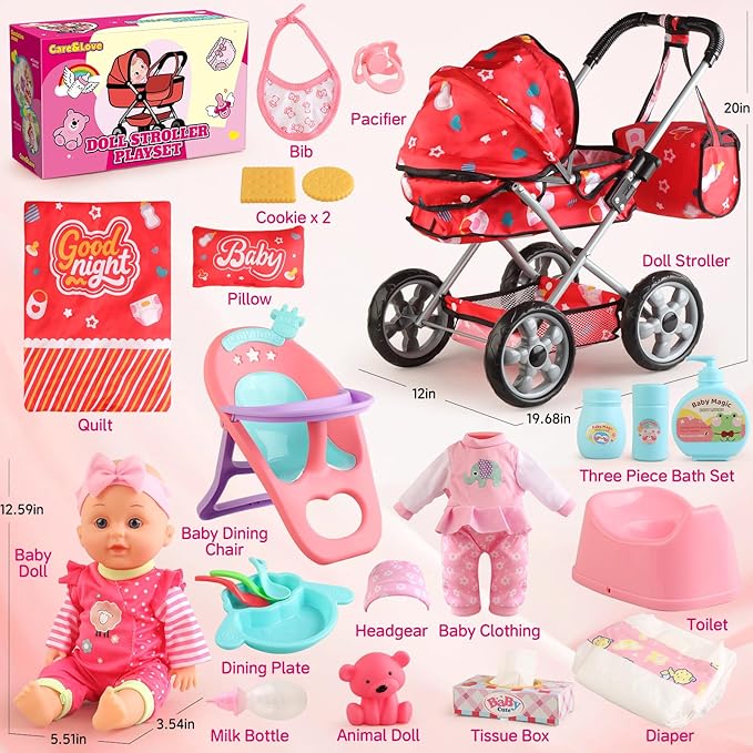 Baby Doll Stroller Set for Toddler Girls 3-5, A 12.5" Babydoll with Baby Doll Accessories, Pillow, Blanket & 2 Sets Clothes, Doll Toy Stroller for Kids, Gifts 3 4 5 Year Old Girls Toys