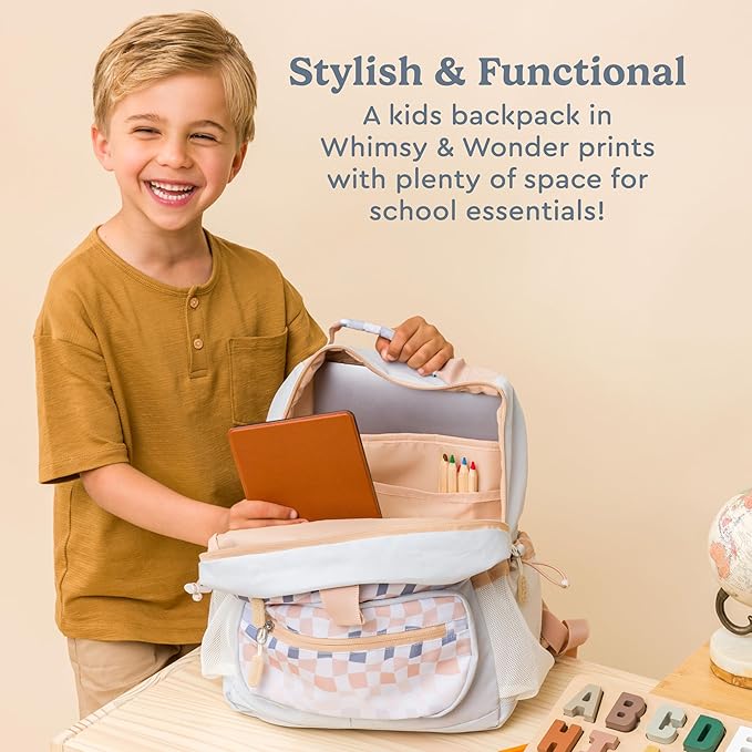 Bentgo Kids Backpack (Whimsy & Wonder Collection) - Lightweight 14’’ for School, Travel & Daycare - Ideal for Kids 4+, Durable & Water-Resistant, Roomy Interior, Loop for Lunch Bag (Checker Gradient)