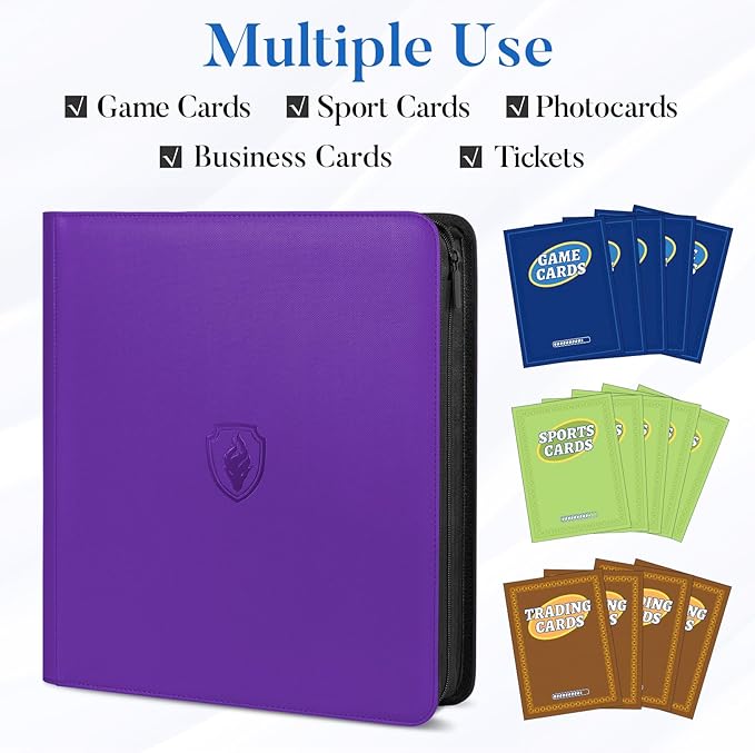 Premium Zip Card Binder 12 Pocket, Fabmaker 912 Pockets Trading Card Binder, PU Zipper Card Collection Album, Sturdy Side-Loading Card Book Holder for Game & Sports Cards, Purple