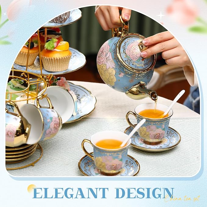 21 Pcs Ceramic Teapot Set Vintage Porcelain Tea Cups with Metal Holder and High Tier Cupcake Stand Saucers for Women Girls Farmhouse European Weddings Party Decor Gifts(Blue,Elegant)
