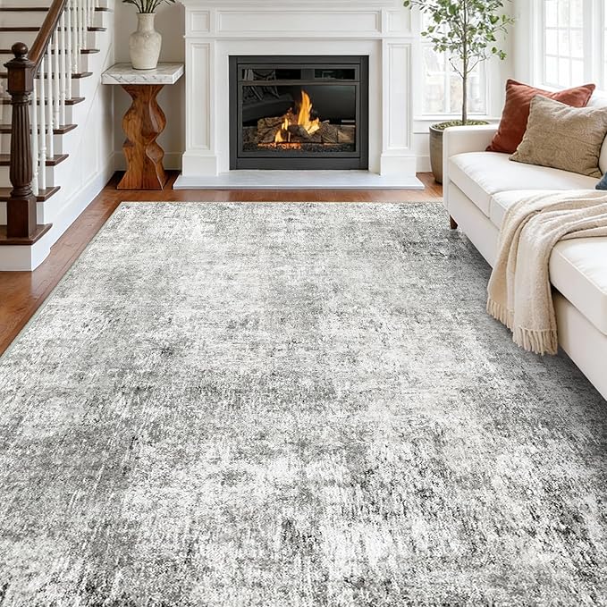 RELEANY Washable 8'x10' Abstract Area Rug for Living Room Gray White | carpet for bedroom, kitchen, office, hallway and entryway, printed pattern, non-slip, soft, stain-resistant, easy to clean