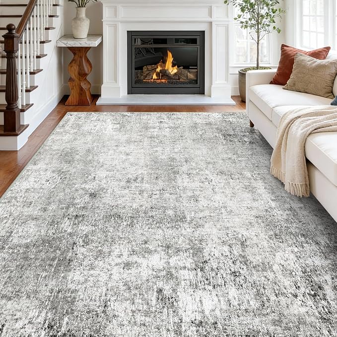 RELEANY Washable 10'x14' Abstract Area Rug for Living Room Gray White | carpet for bedroom, kitchen, office, hallway and entryway, printed pattern, non-slip, soft, stain-resistant, easy to clean
