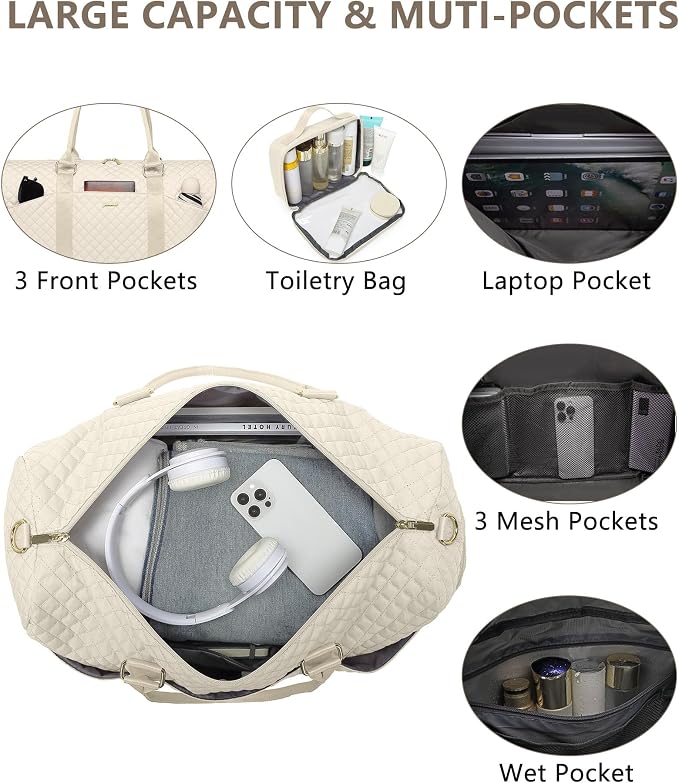 Women Weekender Travel Duffle Bag: Travel Duffel Overnight Bags with Shoe Compartment Large Carry on Tote with Toiletry Bag Weekend Traveling Yoga Gym Hospital Bag for Women with Wet Pocket Beige
