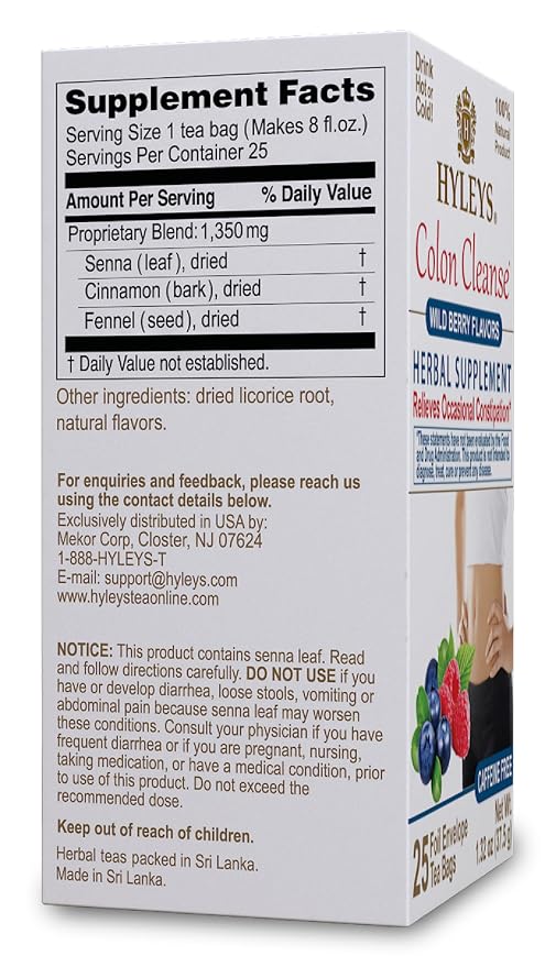 HYLEYS Colon Cleanse Tea, Wild Berry Flavor - 300 Individually Wrapped Herbal Tea Bags (12 Pack of 25) - Caffeine Free, Gluten Free & Vegan