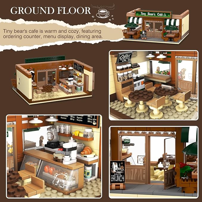 City Coffee House Building Set with Light, 1173 PCS Cafe Shop Building Block Toy with Ordering Counter Baking Room, Architecture Construction Model for Adults Teens Kids Boys Girls Ages 6-12+