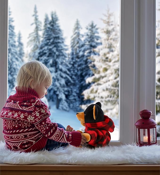 DolliBu Super Soft Black Bear Stuffed Animal with Plaid Red Hoodie Sweater and Personalization - Bear Plush Lumberjack Stuffed Toy with Plaid Jacket Dress Up for Christmas, Holiday, Winter - 6 Inches