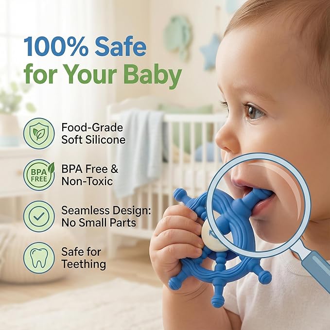 Suction Cup Spinning Toy - Navy Blue Ship Steering Wheel for Babies and Toddlers, Bathtub and High Chair Sensory Activity Toy, Car Window Travel Toys with Strong Grip