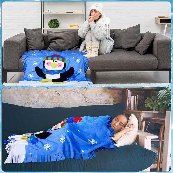Peryiter Penguin Fleece Throw Craft Kit Soft Plush Throw Tie Blanket DIY Felt Fleece Gift for Winter Holiday Craft Fun Home Activities, 54 Inch x 54 Inch