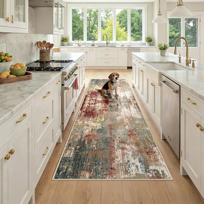 RELEANY Washable Runner 3'x8' Abstract Area Rug for Hallway Rustic Brown | carpet for kitchen, entryway, bathroom, living room, bedroom, printed pattern, non-slip, soft, stain-resistant, easy to clean