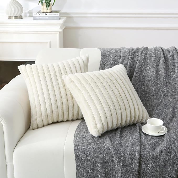 Decorative Throw Pillow with Inserts, Set of 2 Soft Faux Fur Throw Pillows, Square Boho Striped Pillow for Couch, Bed, Sofa Decor(Beige, 18" x 18")