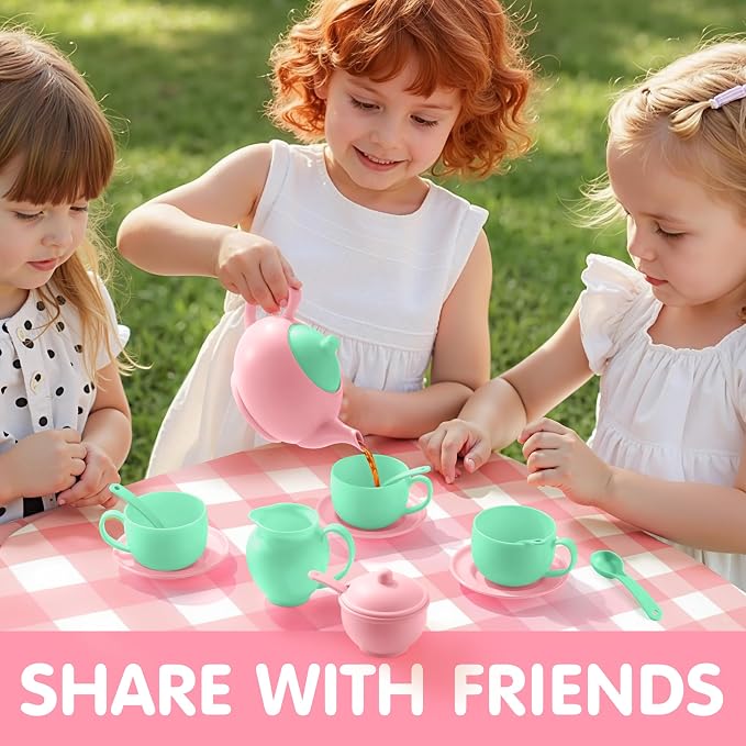 JOYIN 18PCS Pretend Tea Party Set, Plastic Tea Set, Mini Kitchen for Kids, Gifts for Toddler Boys Girls Ages 3 4 5 6 Years Old, Easter Birthday Gifts