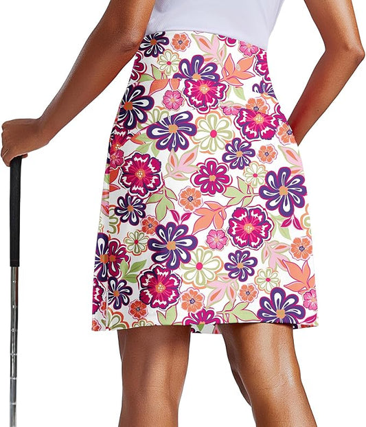 PINSPARK 20" Skorts for Woman Knee Length UPF 50+ Golf Skirts | 4 Pockets, Built-in Shorts, High Waisted, Split Hem, Silky-smooth, Moisture-wicking, for Golf Athletic Tennis Workout Casual
