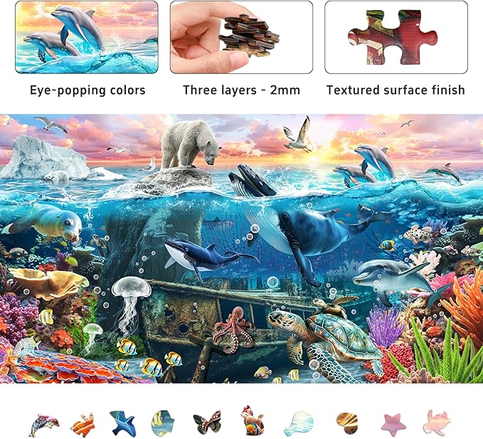 1000 Piece Jigsaw Puzzle for Adults - Underwater Ocean Scene with Unique Shaped Pieces, Color-Coded Backing, and Textured Finish - Fun, Challenging, and Gift-Ready Puzzle, Size 26.6 x 19.2 in