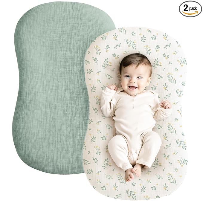 Konssy Muslin Baby Lounger Cover 2 Pack, 100% Cotton Newborn Lounger Cover, Soft and Breathable Baby Nest Slipcover for Boys Girls (Leaf,Green)