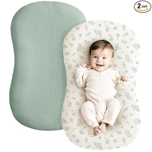 Konssy Muslin Baby Lounger Cover 2 Pack, 100% Cotton Newborn Lounger Cover, Soft and Breathable Baby Nest Slipcover for Boys Girls (Leaf,Green)
