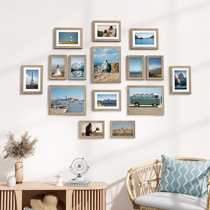 Vittanly 15 Pack Picture Frames Collage Wall Decor, Wall/Tabletop Display | Light Wood, Multi-Size Gallery Wall Frame Set: 3pcs 8x10, 6pcs 5x7, 6pcs 4x6. Picture Frame Set for Family