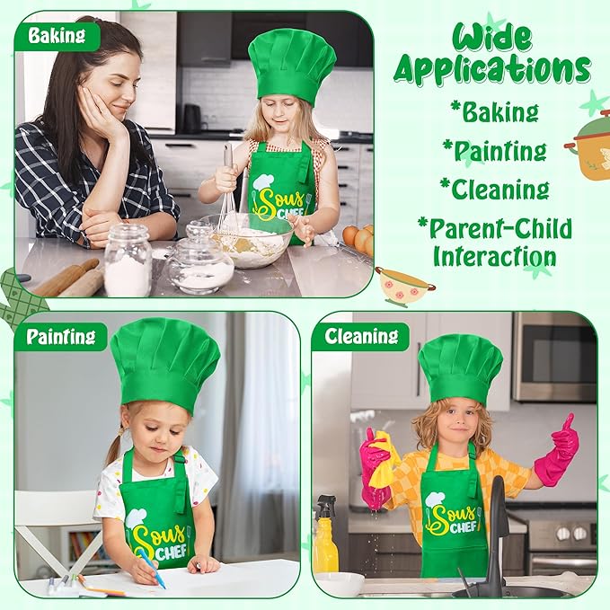 Kid Apron and Chef Hat Set - R HORSE 2Pcs Adjustable Children Green Kitchen Apron, Dress up Role Play Chef Toy Cooking Baking Painting and Training Kits Kid Funny Cooking Gift Birthday Gift for Kids