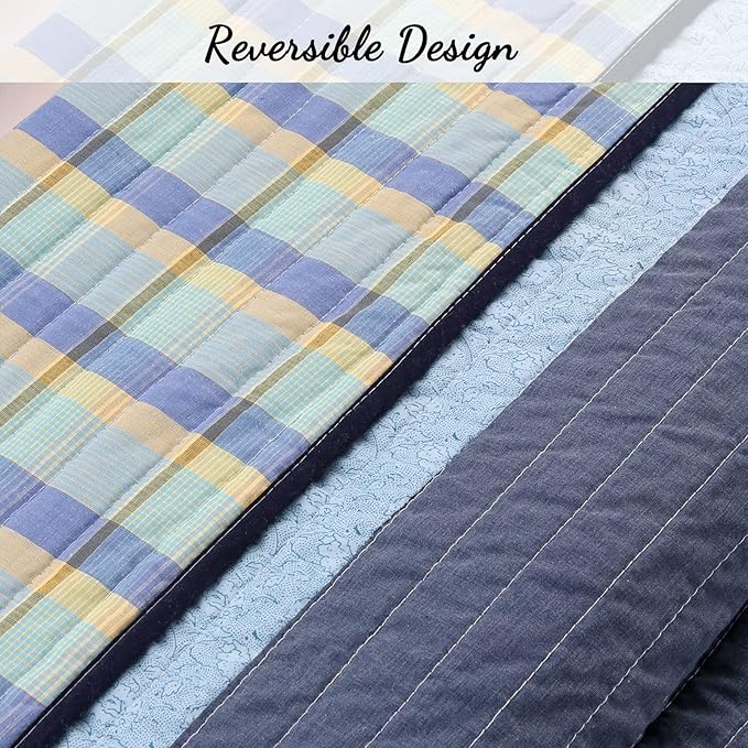 Cozy Line Home Fashions Navy Blue Striped Boy 100% Cotton Reversible Quilt Bedding Set, All-Season Coverlet Bedspread (Preston, Twin - 2 Piece)