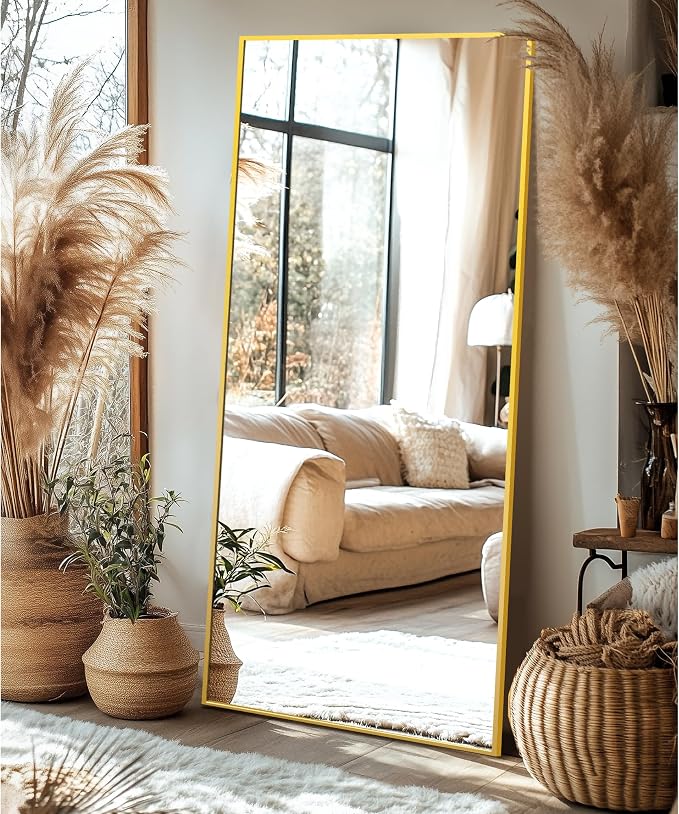 Delma Full Length Standing Mirror,Large Floor Mirror with Aluminum Frame for Bedroom, Bathroom, Living Room,Wall Mount or Freestanding Design(with Stand,Rect 75x35-Gold)