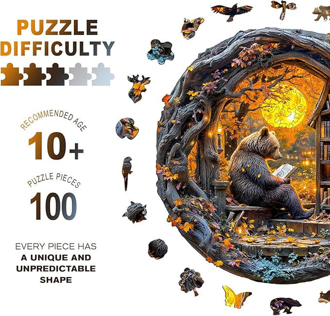 Wooden Puzzles for Adults - Reading Bear Wooden Jigsaw Puzzle, Unique Animal Shaped Wood Puzzles Adult, Christmas Birthday Gifts for Friends/Family, Home Decor 8.5 * 8.5in 100pcs