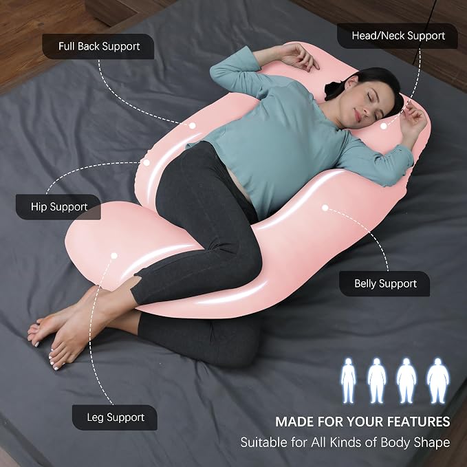 MOON PARK Pregnancy Pillows for Sleeping - U Shaped Full Body Maternity Pillow with Removable Cover - Support for Back, Legs, Belly, HIPS - 65 Inch - Pink - Cooling Cover
