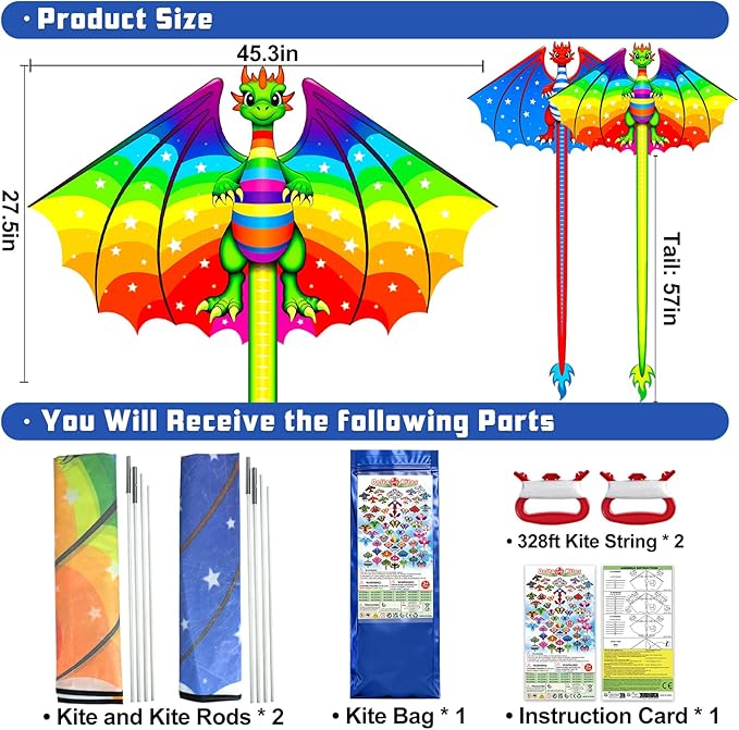 Kite for Kids Ages 4-8 8-12 & Adults, Shark & Dragon & Unicorn & Butterfly Kites Flying Toys, Easy to Fly Big Kite with 328FT String Easter Gift for Boys Girls Beach Park Outdoor Party Activities