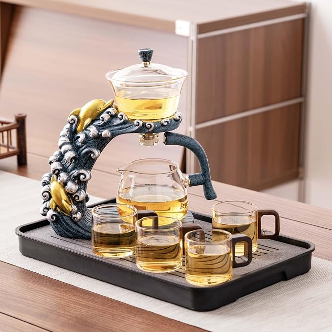 Zurucily Glass Teapot Set with Infuser Semi Automatic Tea Set Magic Teapot (Dolphins)