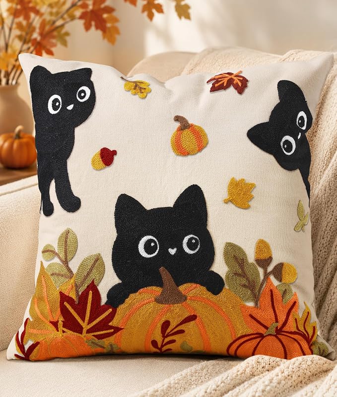Fall Embroidered Throw Pillow Cover 18x18 Inch, Cat Pumpkin | Decorative Pillow Cover, Fall Cushion Cases with Hidden Zipper, Autumn Halloween Decor for Couch, Sofa, Living Room