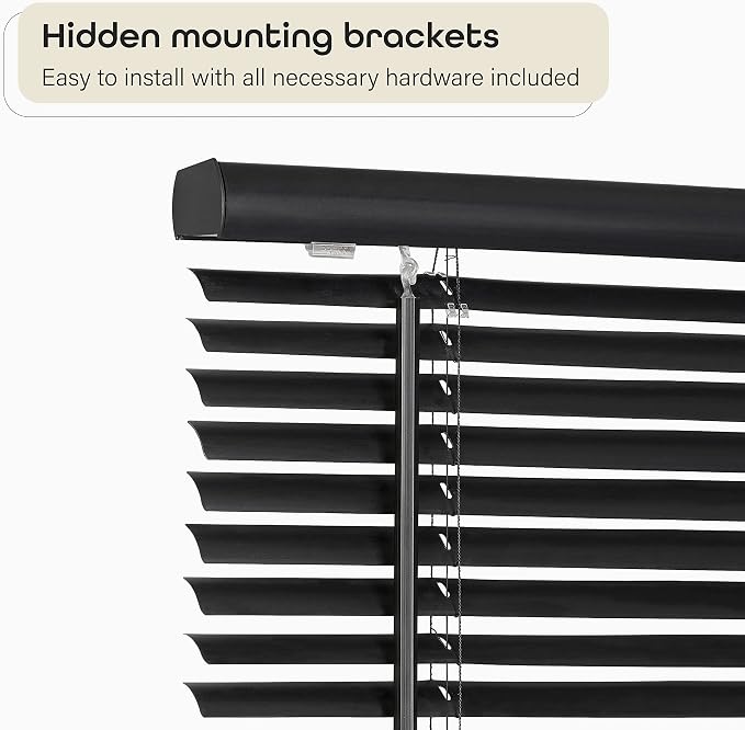 Cordless Light Filtering Mini Blind - 52 Inch Width, 64 Inch Length, 1" Slat Size - Black - Cordless GII Morningstar Horizontal Windows Blinds for Interior by Achim Home Decor