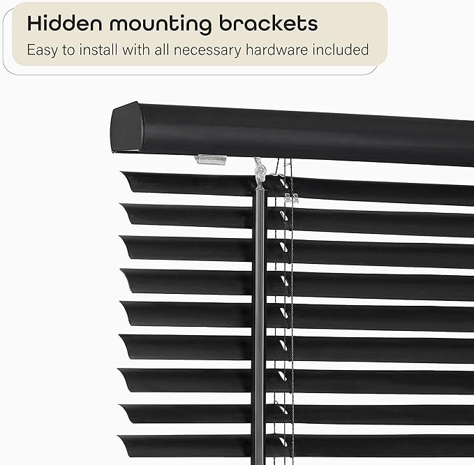 Cordless Light Filtering Mini Blind - 34 Inch Width, 64 Inch Length, 1" Slat Size - Black - Cordless GII Morningstar Horizontal Windows Blinds for Interior by Achim Home Decor