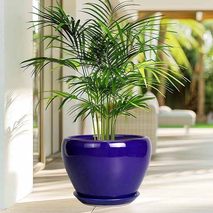 Ceramicfor Ceramic Planter 10 Inch - Indoor Plant Pot for Plants with Drainage Hole and Saucer Large Planter Round Outdoor Flower Pot Mid-Century for House Patio Decor Blue