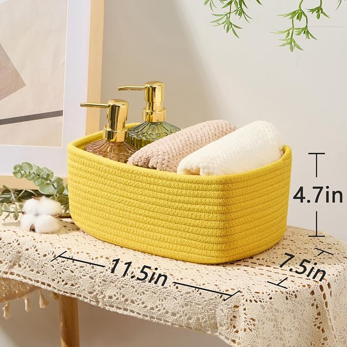 MiniArk Small Storage Baskets for Organizing | Closet Organizer Bins | Shelf Toy Basket | Woven Rope Baskets | Cube Decorative Box | Shallow Basket | 11.5x7.5x4.7” | 3 Packs Yellow