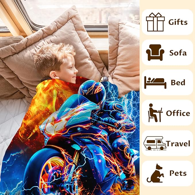 Boys Motorcycle Blanket Gift Personalized Throw Blankets for Kids Teens Motorcycle Lovers - 60x80 Inches Lightweight Soft All Season Custom Throw for Sofa Chair Bed Office Home Decor